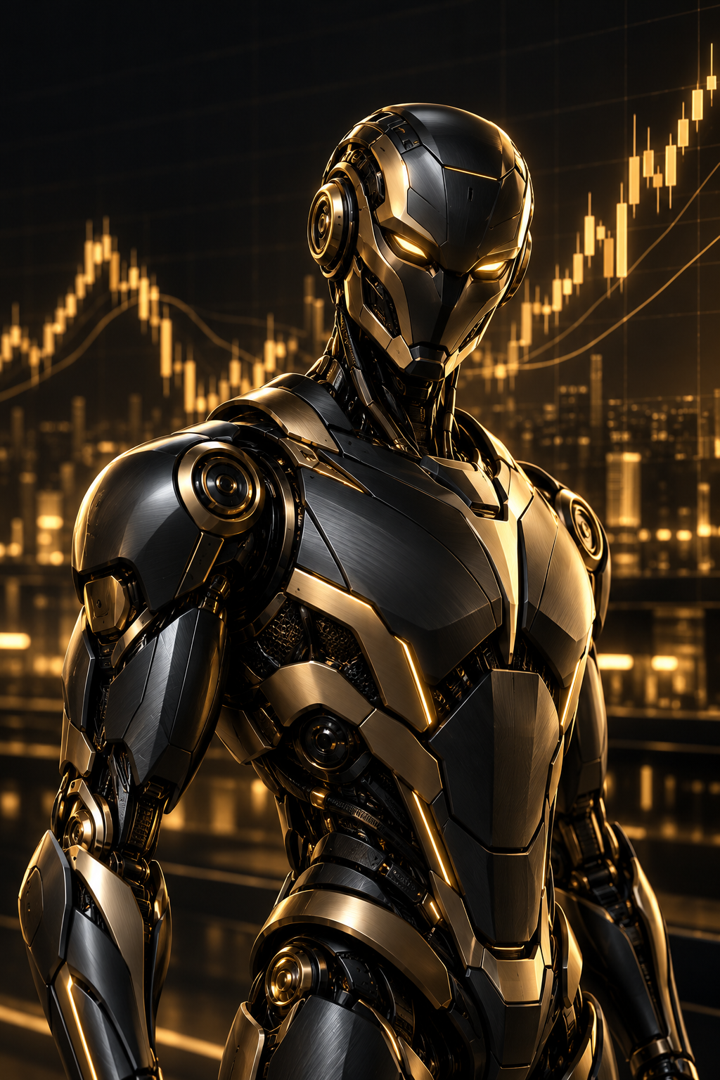 Black and gold AI trading robot with a BTCUSD market chart